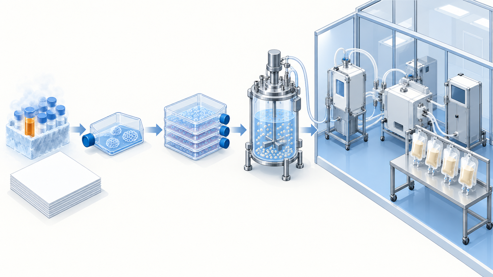 Concept diagram: a contract cell therapy workflow starting from a clinical-grade stem cell line and leading to differentiation, expansion and GMP manufacture