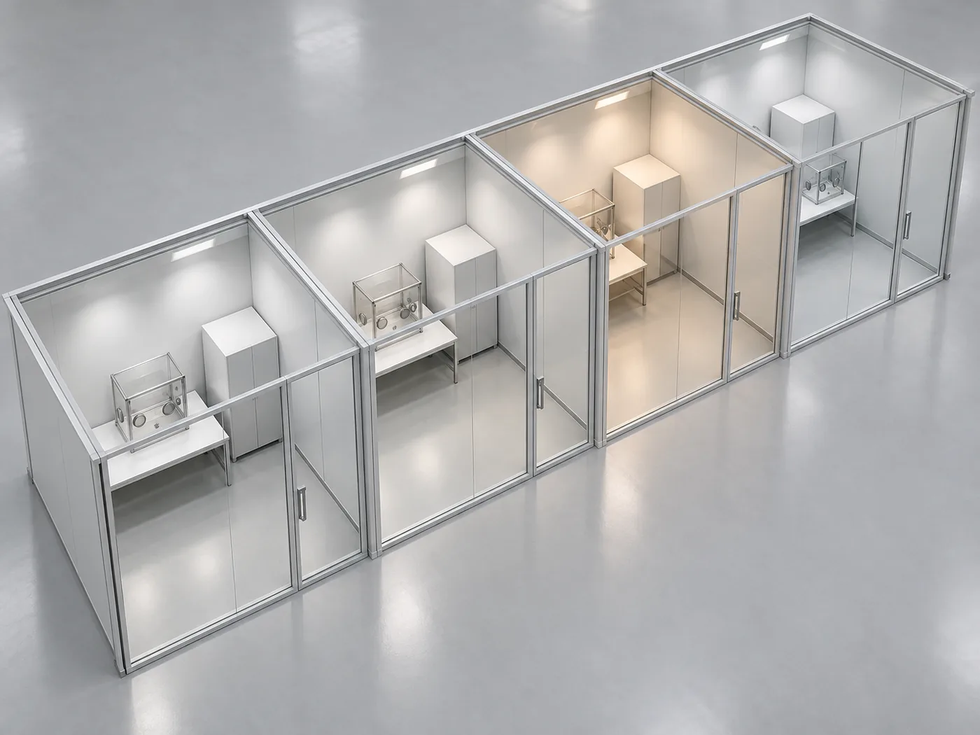 Conceptual image of an empty building interior with identical small manufacturing rooms, separated by glass partitions, lined up along a corridor