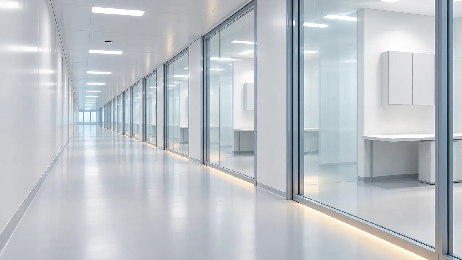 Conceptual image of an empty, clean building interior with a row of identical small manufacturing rooms seen through glass