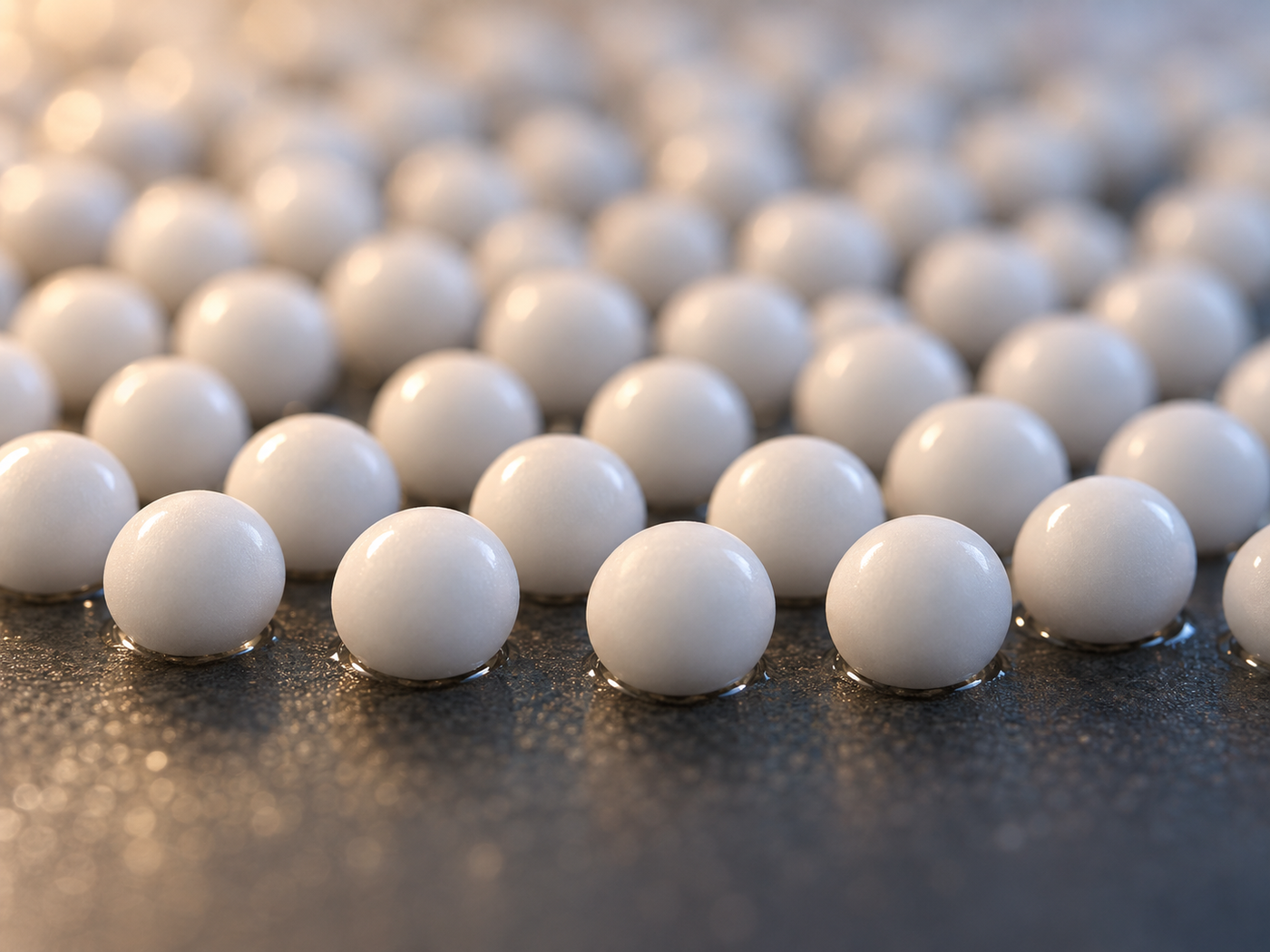 Fig. 4: macro view of a densely packed bed of matt white microspheres