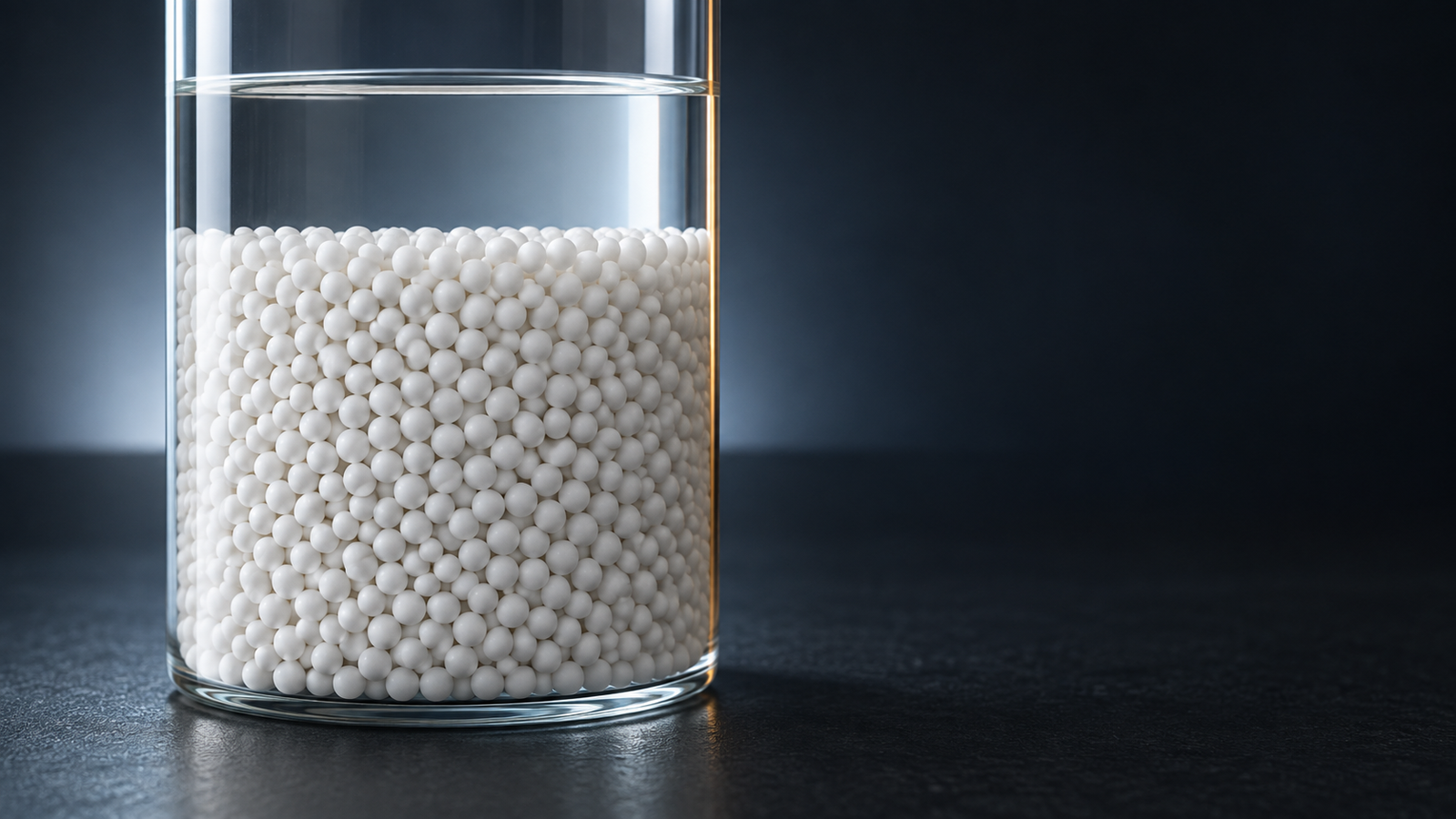 Hero image: a bed of fine white spheres packed inside a clear cylinder