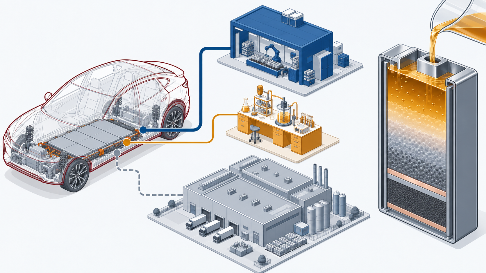 Conceptual illustration: A car manufacturer that owns a battery subsidiary, collaborates with universities on basic research, and buys mass-produced cells from outside in a three-tier system