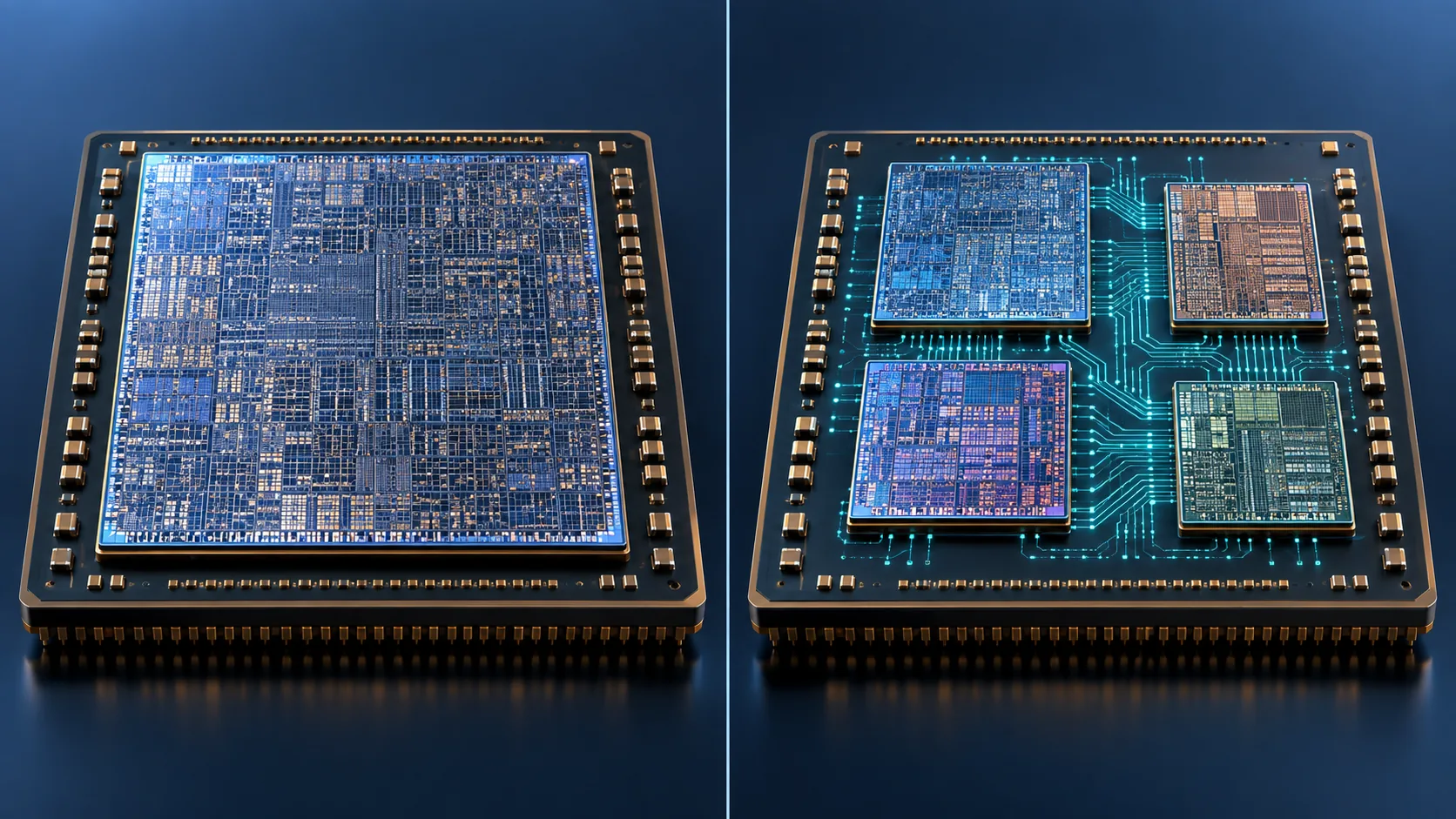 Conceptual illustration of Comparison of a monolithic SoC and a chiplet construction