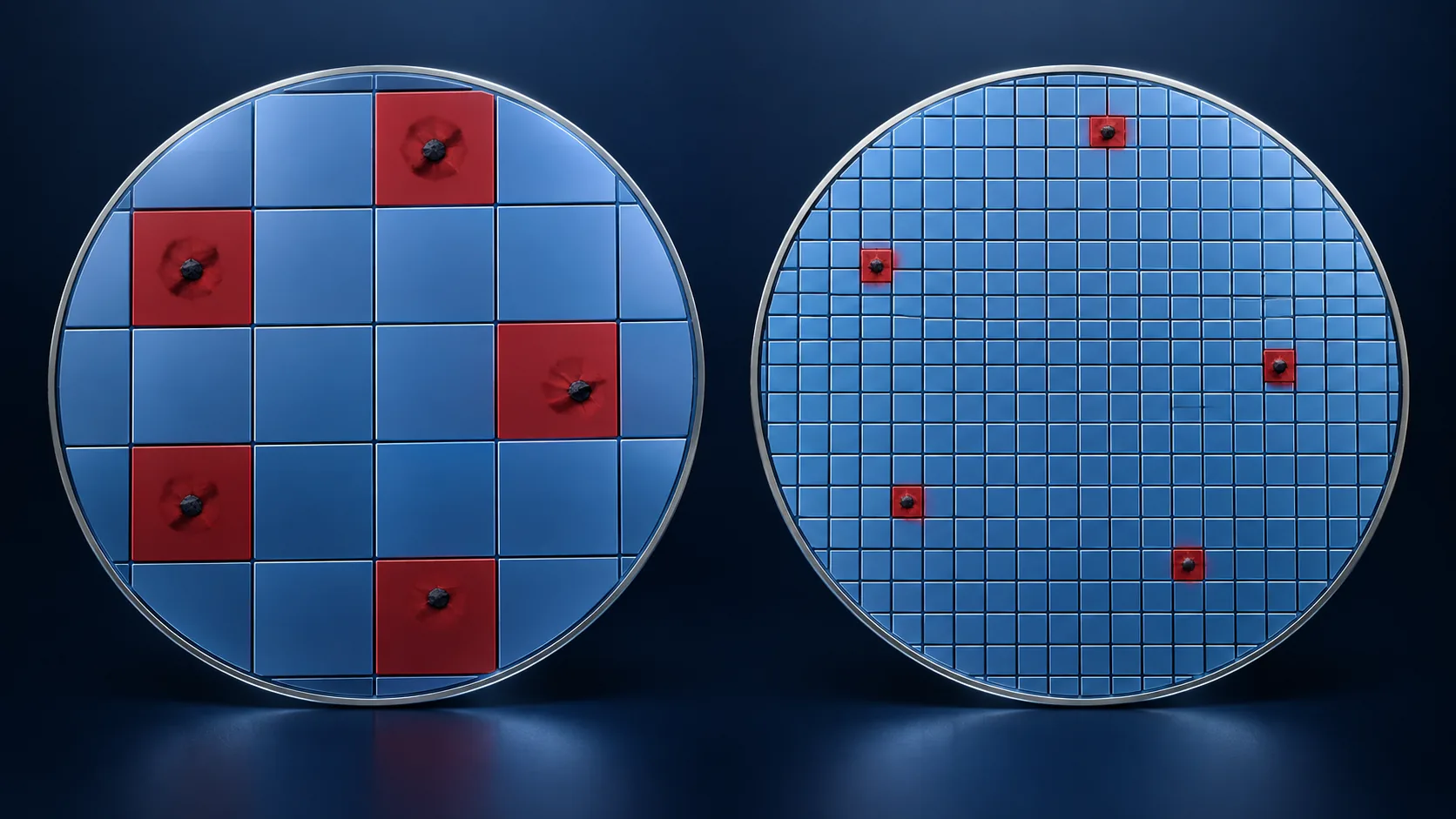 Conceptual image contrasting the loss caused by the same number of defects when one wafer is divided into large sections and into small ones
