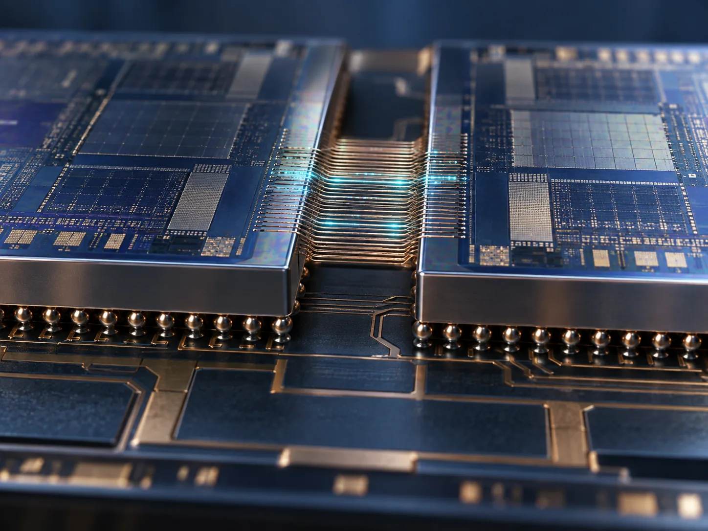 Conceptual cutaway of a package in which several silicon dies sit side by side with very dense wiring crossing the boundary between them