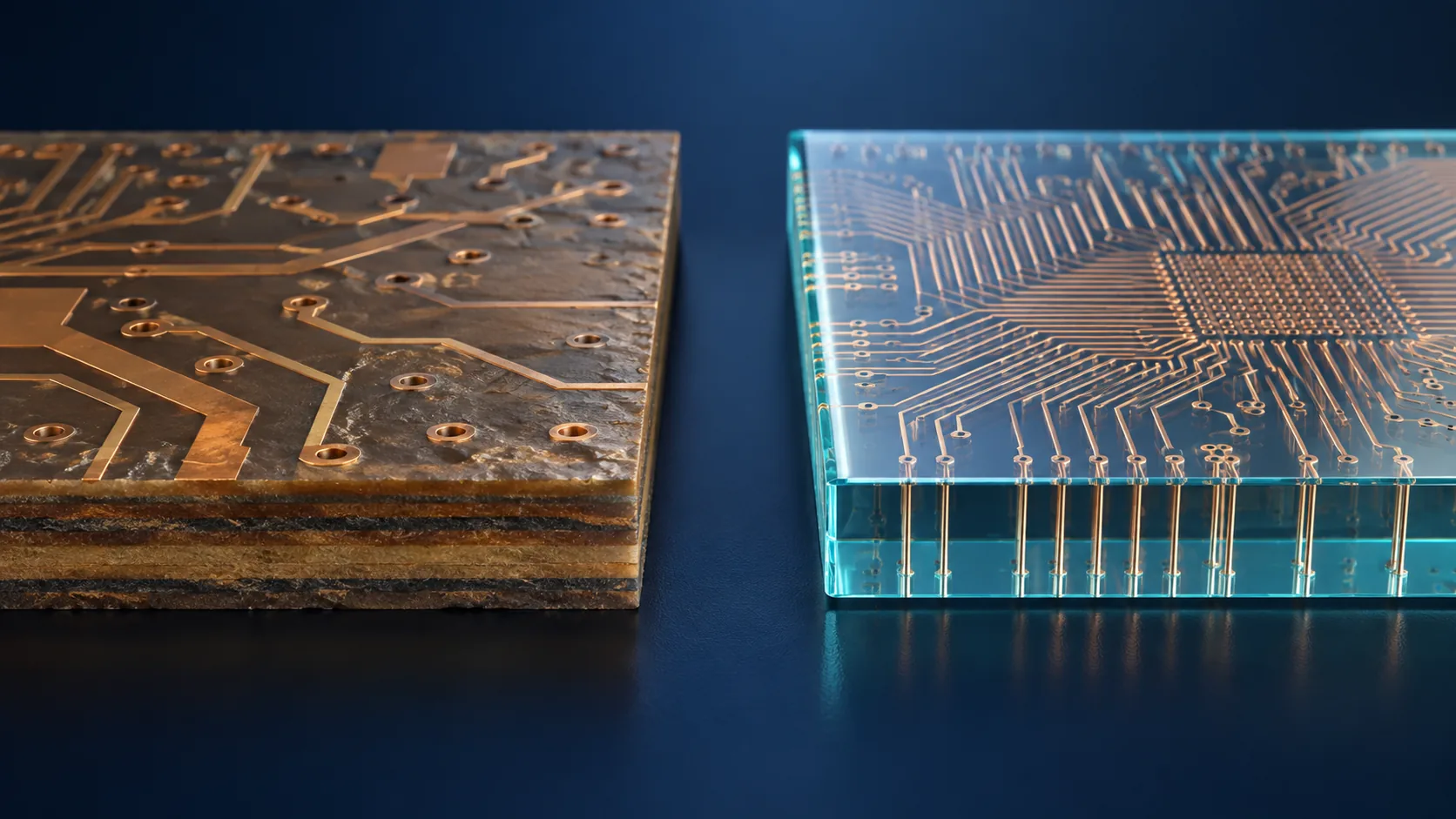 Conceptual image contrasting an organic substrate built from stacked resin layers on the left with a flat glass substrate carrying fine through-vias on the right