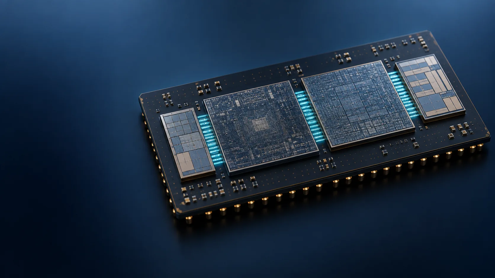 Conceptual image of one package carrying several silicon dies of different sizes and roles, linked by dense wiring
