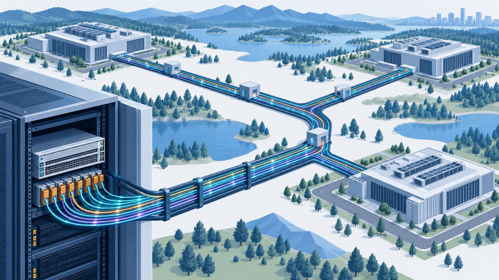 Concept diagram: bundles of optical fibre linking several data centres, with line systems and pluggable modules working together to connect AI computing
