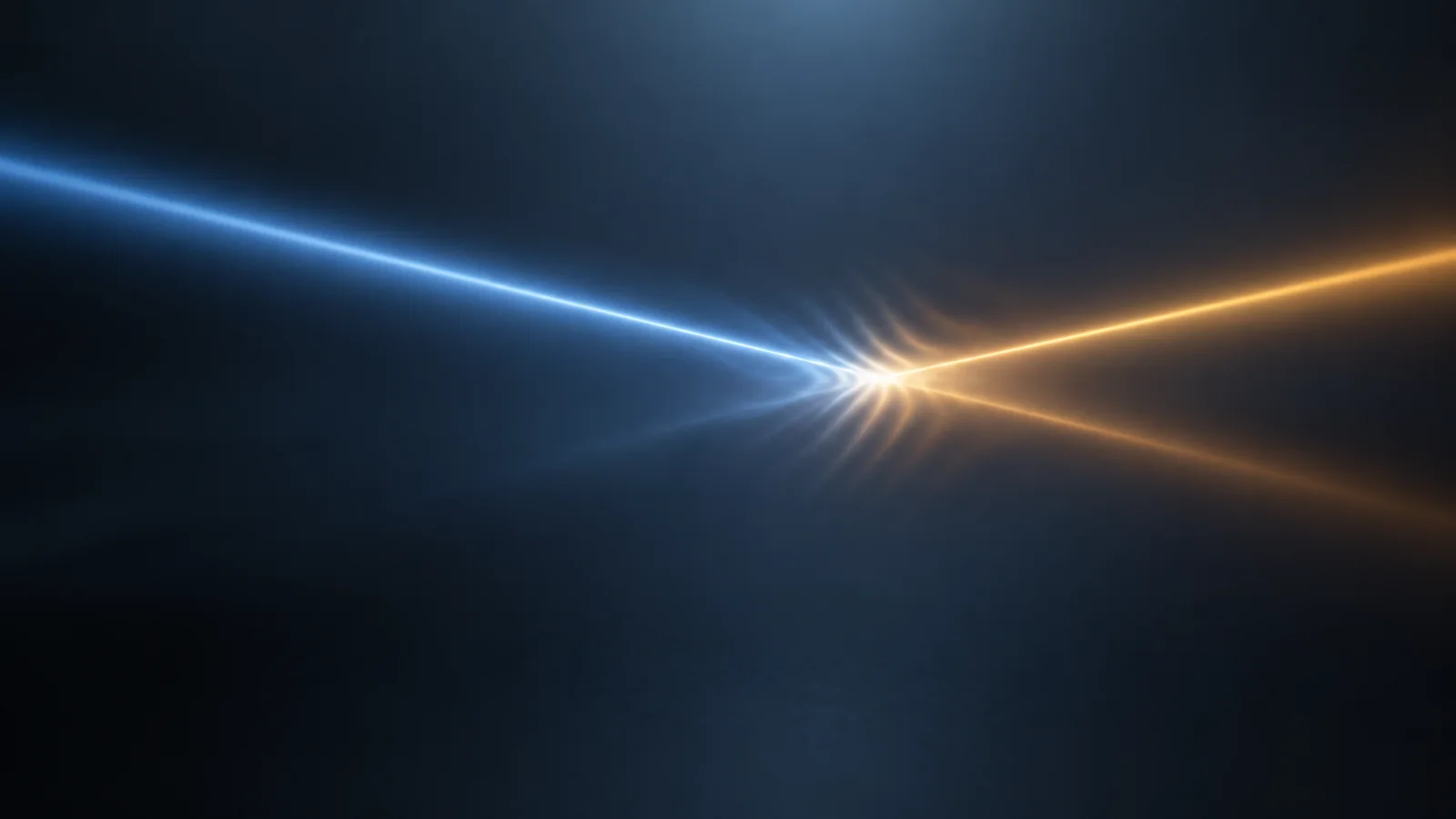 Abstract conceptual image of two thin beams of light converging diagonally in a dark space and overlapping at a single point, where faint stripe-like ripples resembling interference appear