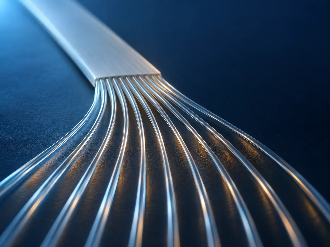 Conceptual image of many thin glass fibers laid flat in a single row against a dark background, spreading out gradually like a fan in the foreground