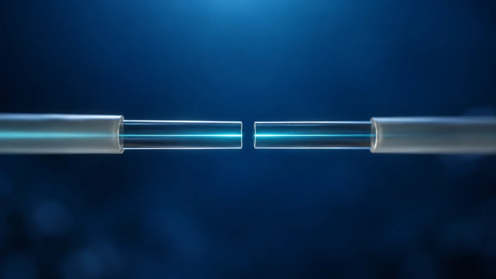 Conceptual image of the ends of two thin transparent glass fibers facing each other in a straight line across a very small gap against a dark background