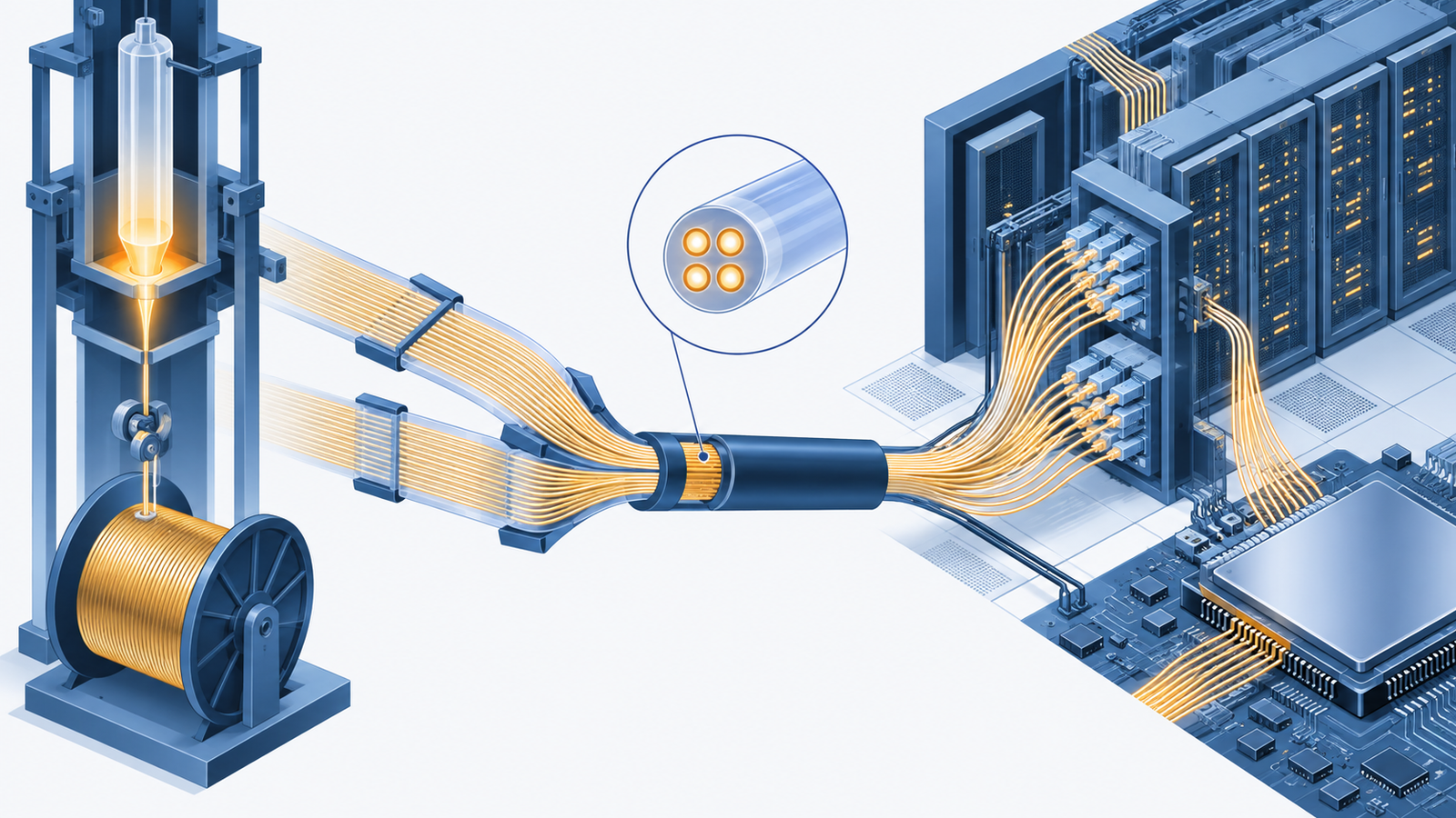 Concept diagram: optical fibre drawn from a glass preform, bundled and routed right up to chips in a data centre