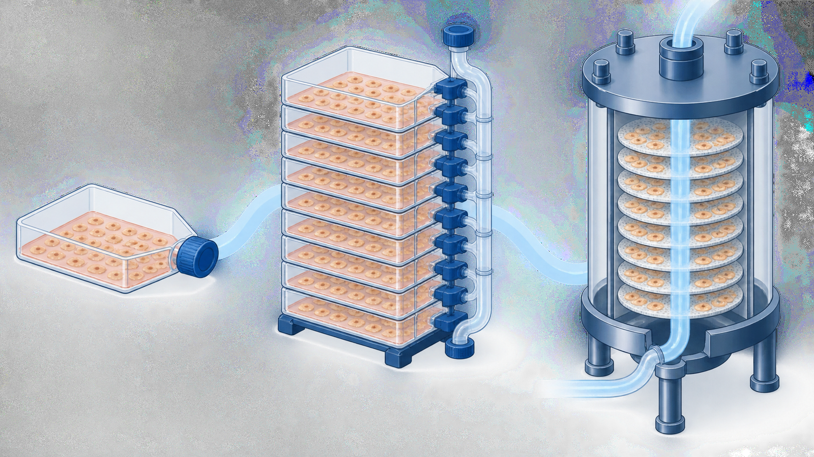 Concept diagram: the culture area for adherent cells growing from flat vessels stacked many layers high to a column-type fixed-bed reactor packed with carriers