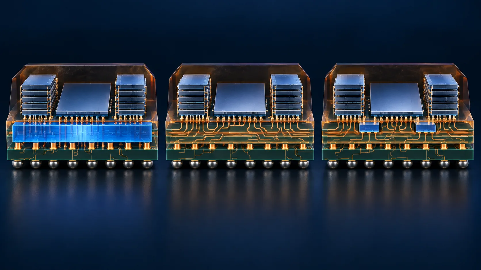 Conceptual illustration of Cross-section comparison of the three CoWoS variants