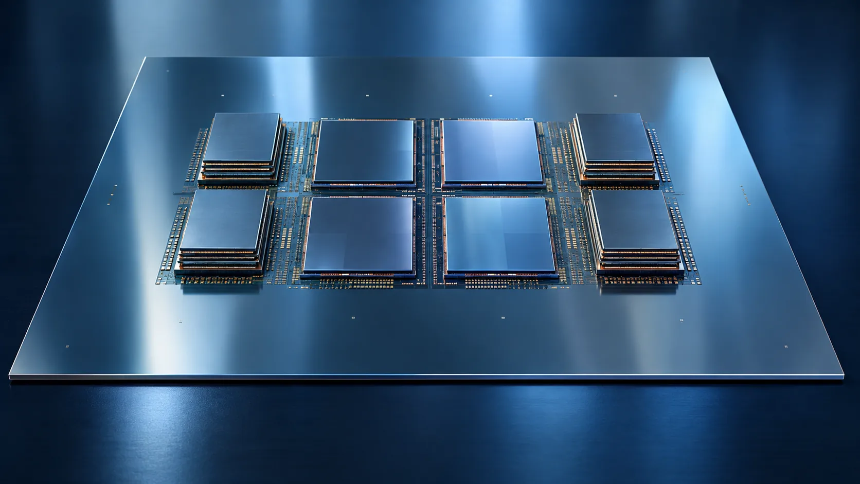 Conceptual top view of a very large silicon interposer carrying several logic dies and HBM stacks