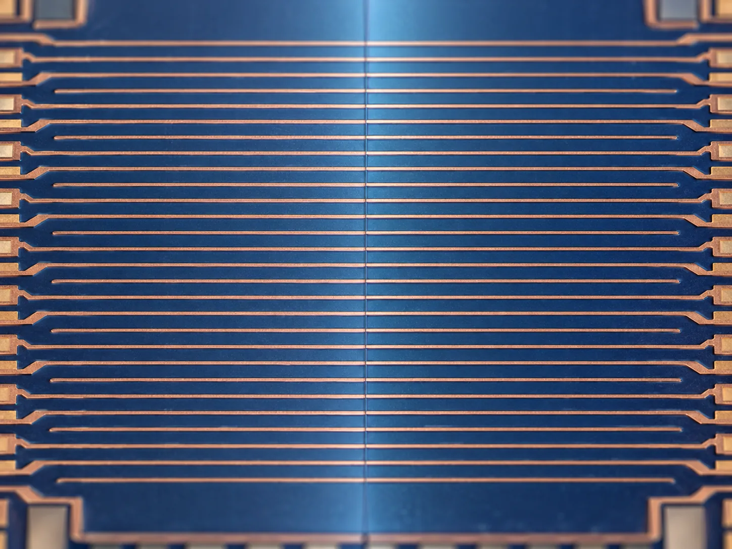Conceptual close-up of many fine copper wires joining accurately across the boundary between two exposure fields