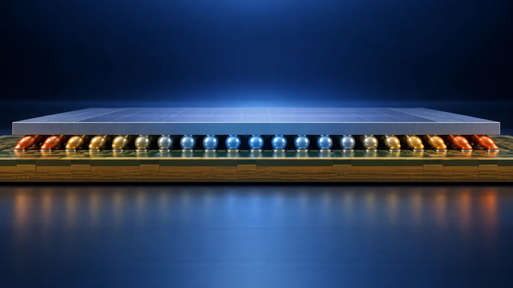 Conceptual image showing solder joints further from the centre shearing more strongly because of the thermal expansion difference between a large silicon interposer and an organic substrate