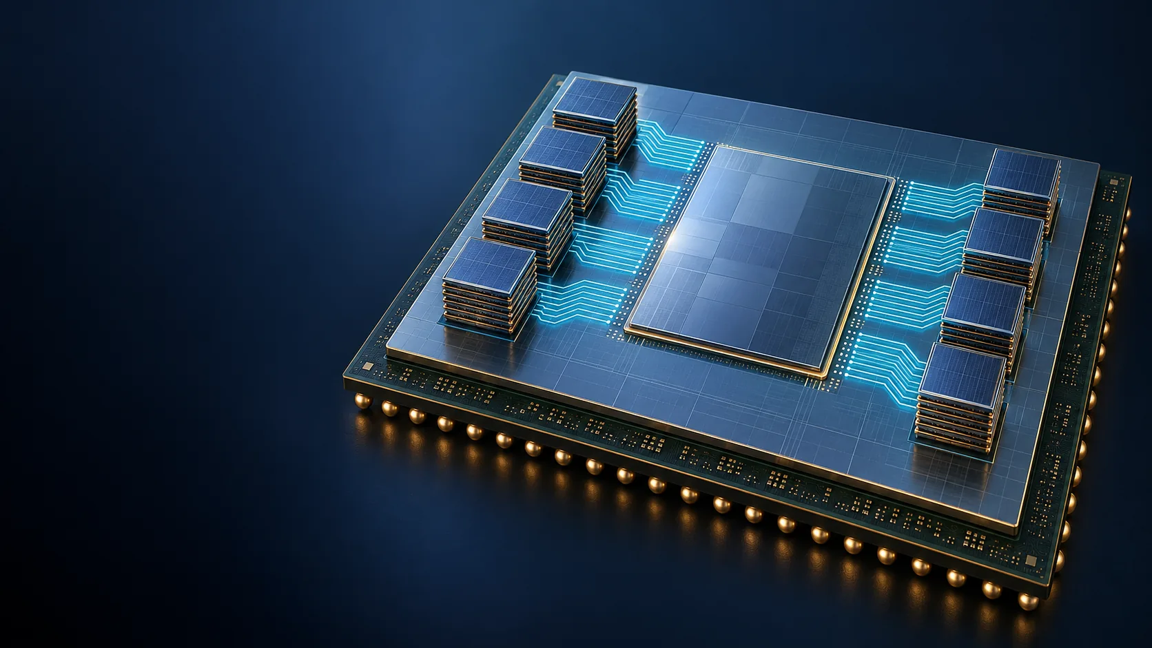 Conceptual image of a CoWoS package: a central logic die and several HBM stacks sitting side by side on one large silicon interposer
