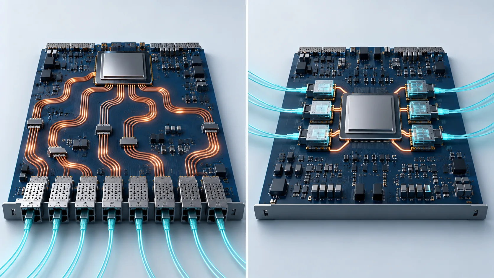 Conceptual illustration of Signal path with pluggable optics compared with CPO
