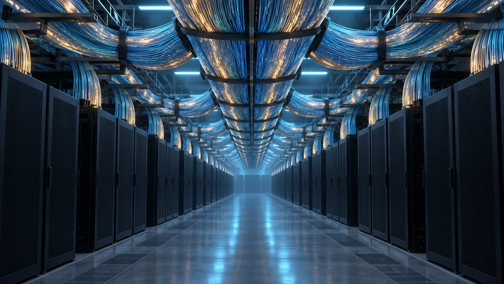 Conceptual image of large bundles of optical fibre cable running between data centre racks