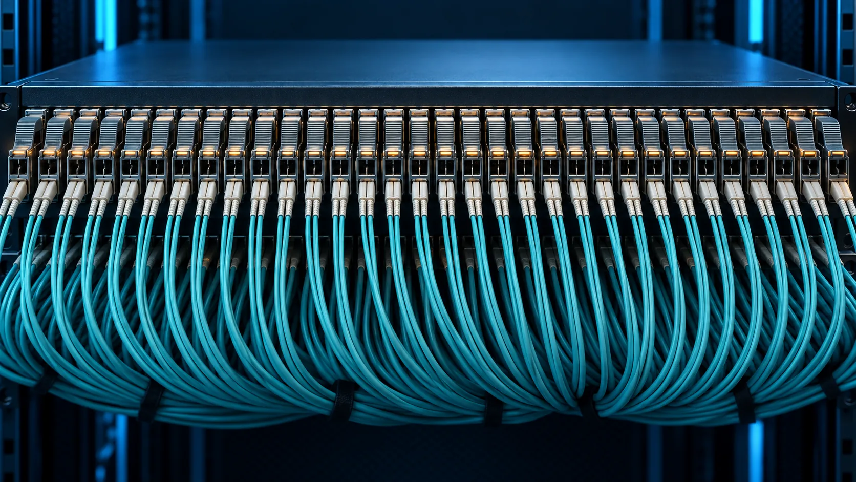 Conceptual image of small optical transceivers packed in a row across the front panel of a network switch