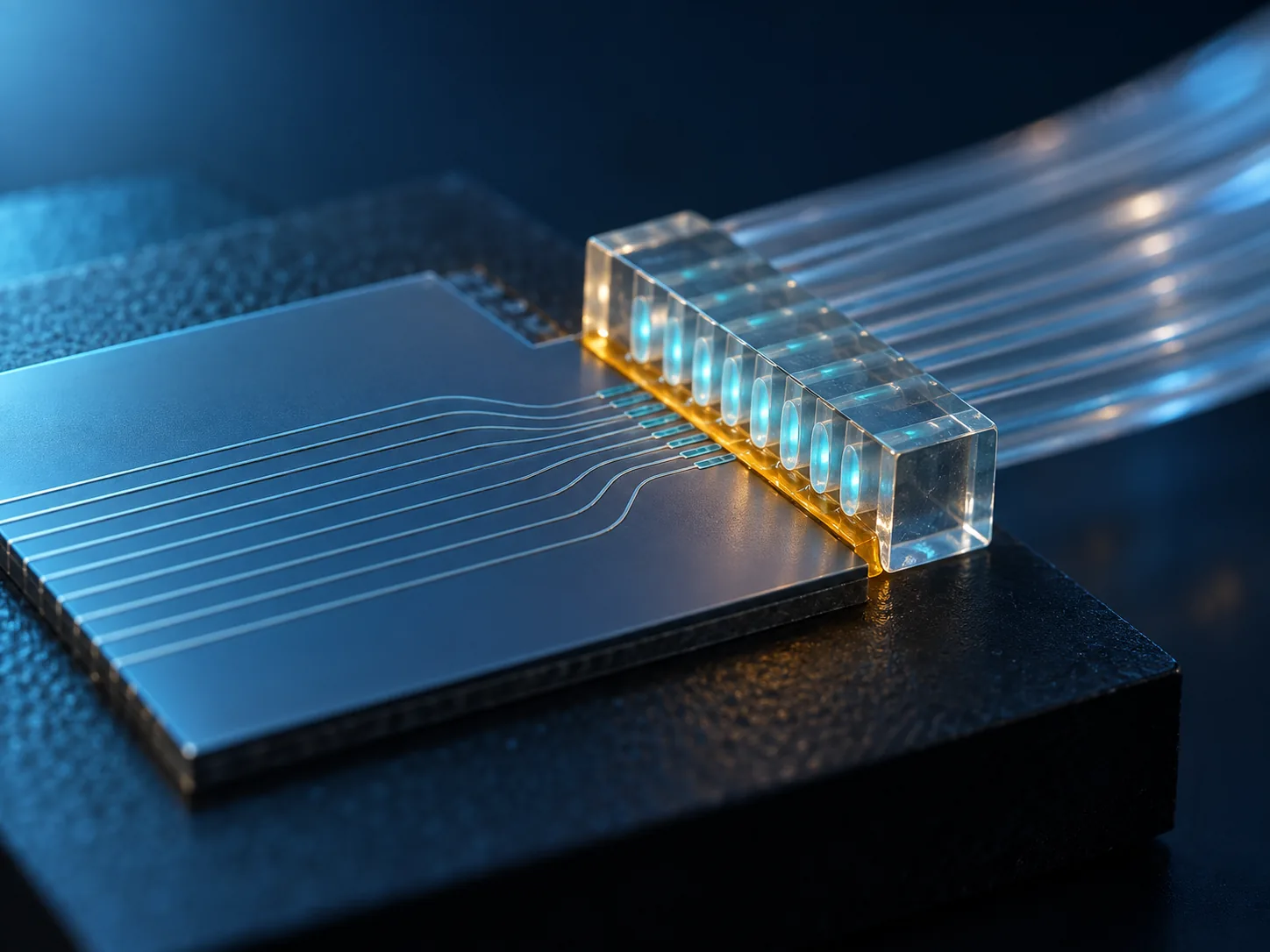 Conceptual close-up image of a bundle of thin optical fibres aligned against the edge of a small photonic integrated circuit