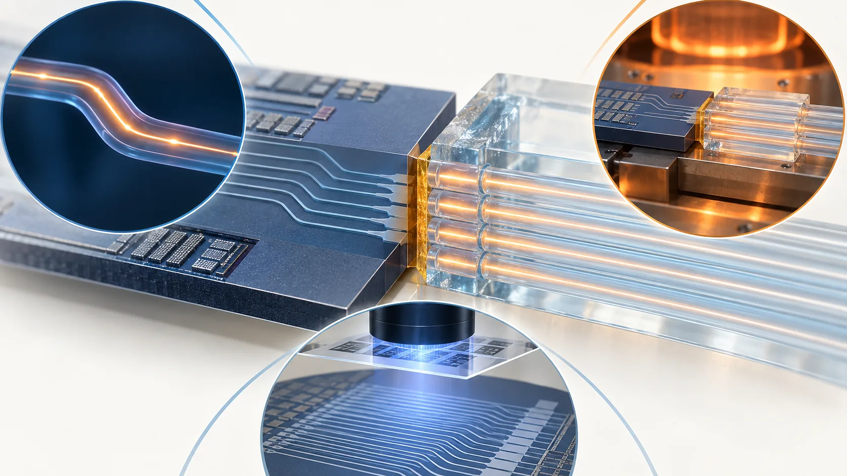 Conceptual illustration of Requirements for light-carrying materials and the PIC to FAU joint