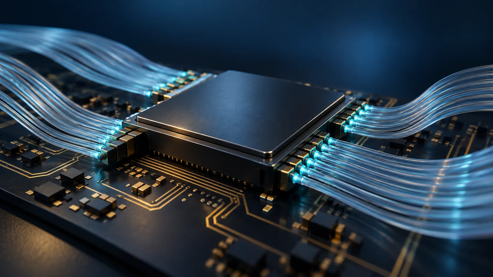 Conceptual image of bundles of thin optical fibre emerging from the edges of a large semiconductor package