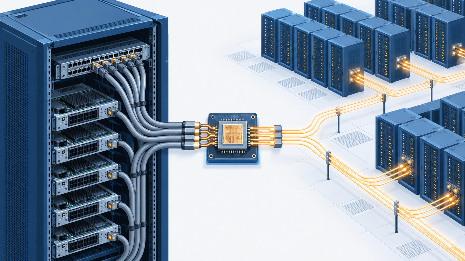 Concept diagram: copper cables inside the rack and optical fibre outside it, with one company's chips connecting both