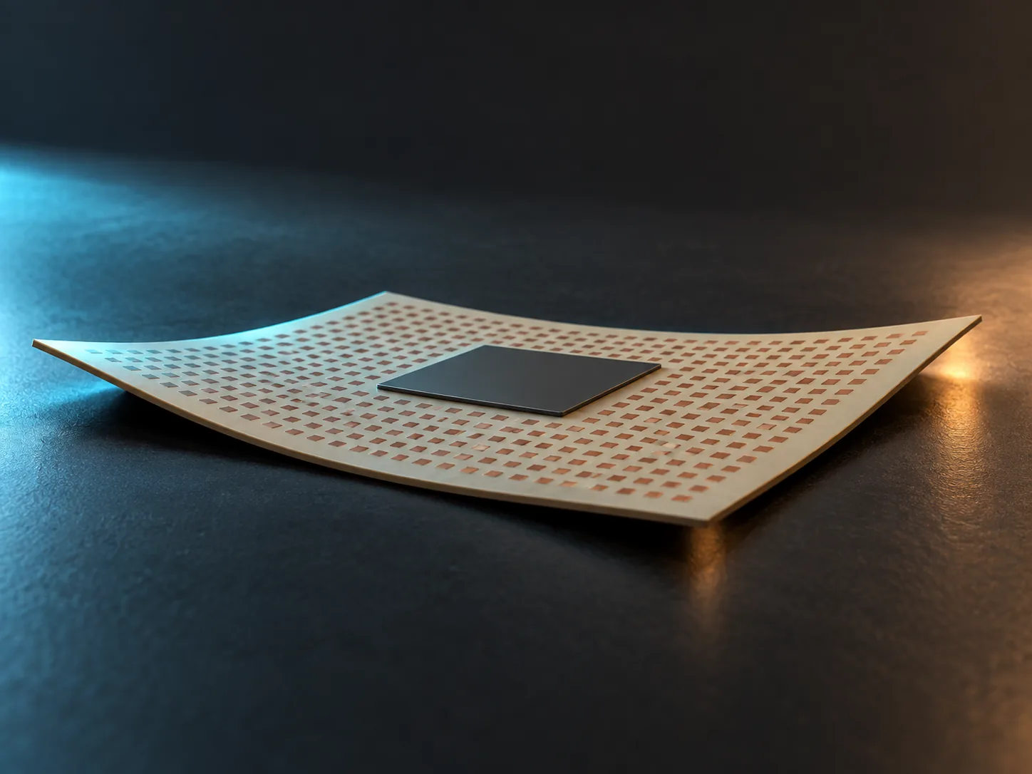 Conceptual image emphasising a square substrate whose four corners lift slightly while the centre dips