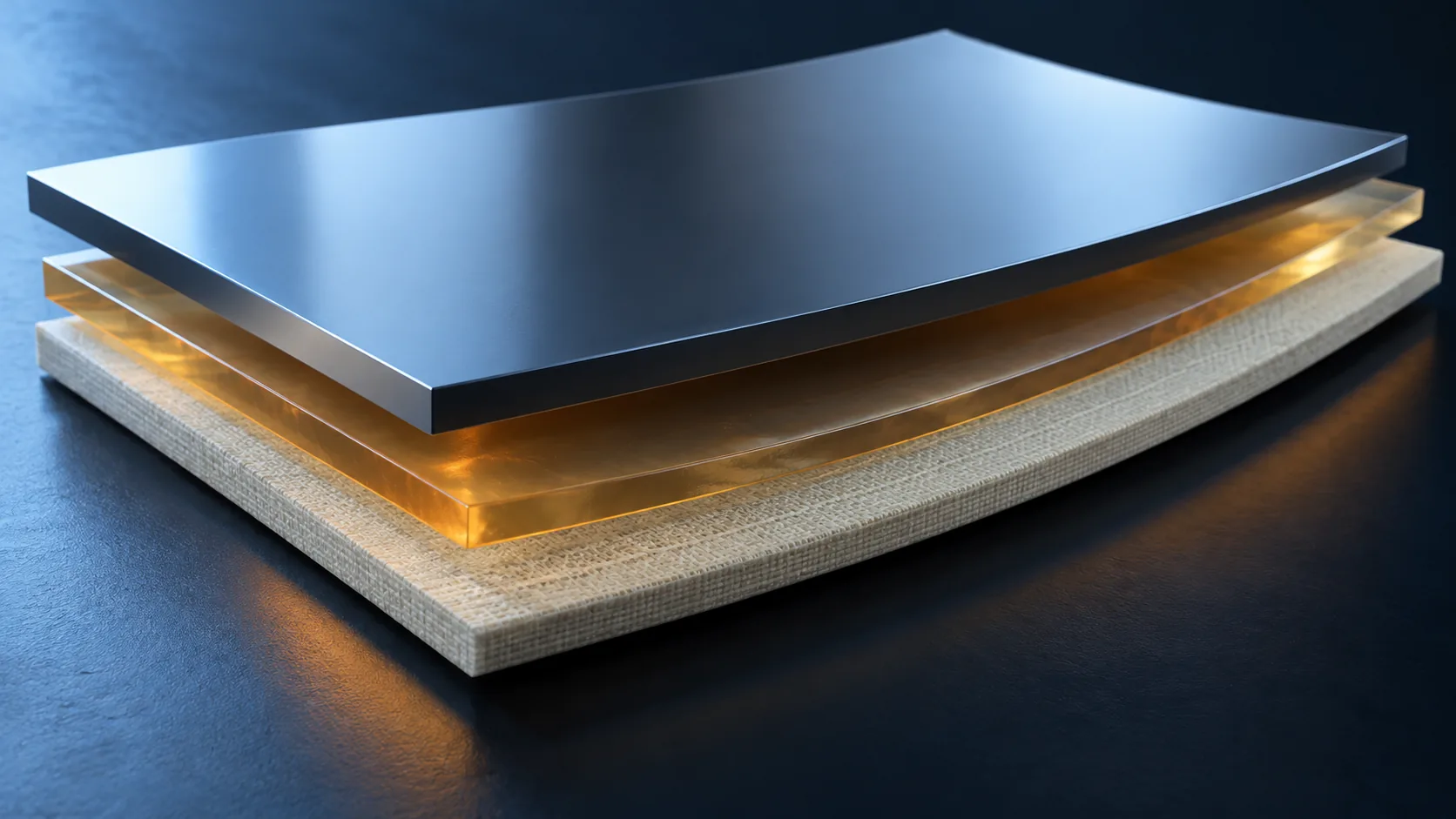 Conceptual image of a board of stacked dissimilar materials bowing slightly under heat