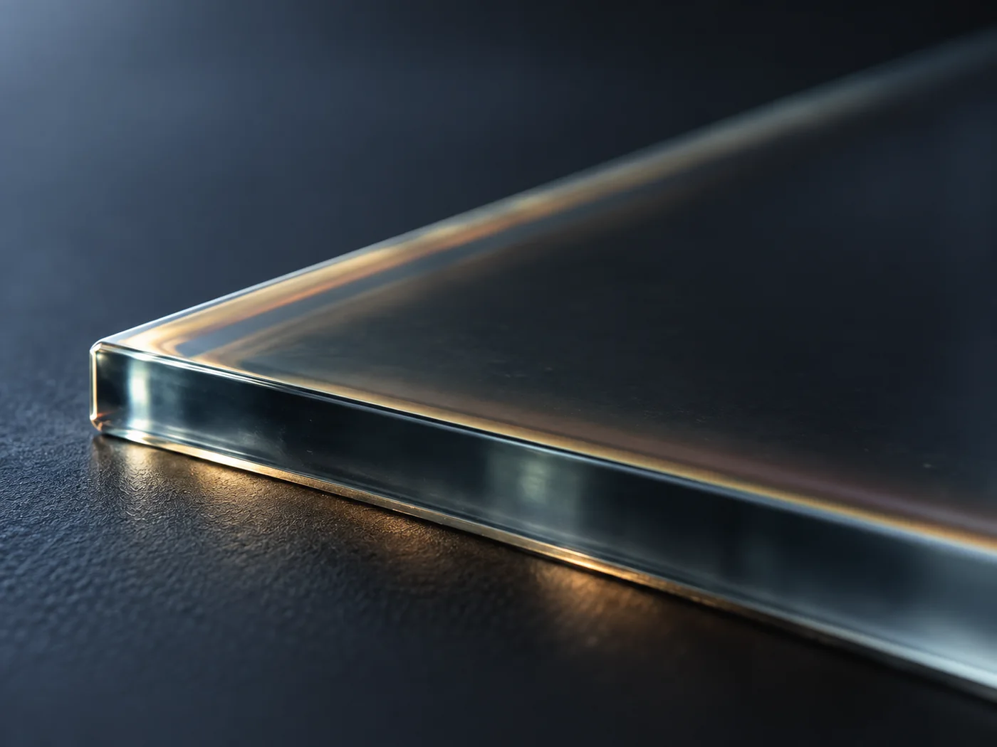 Conceptual image of the edge of a plain glass plate against a dark background, where faint coloured bands catching the light suggest very thin stacked films