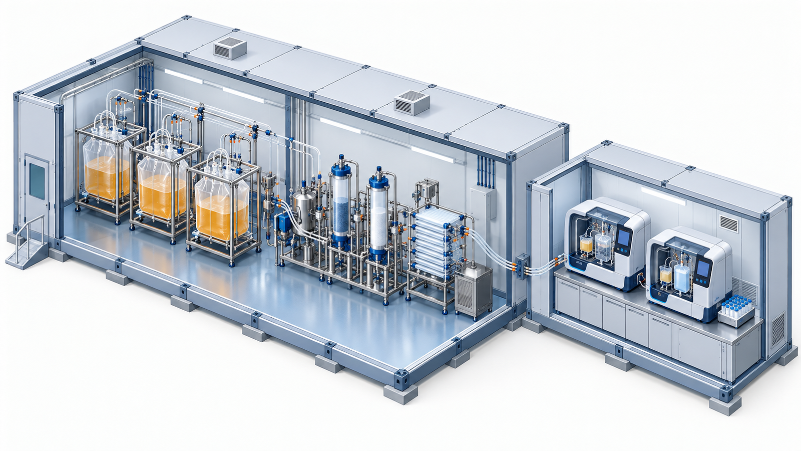 Concept diagram: a modular complete factory, with culture and purification equipment linked unit by unit, alongside automated cell therapy manufacturing equipment