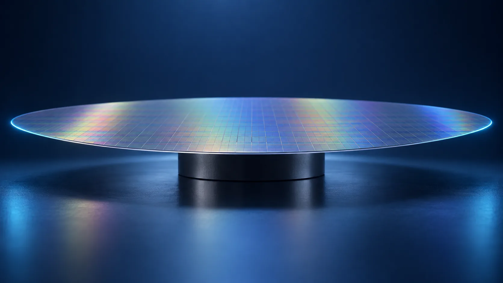 Conceptual image of a thin circular silicon plate sagging slightly under its own weight on a flat support