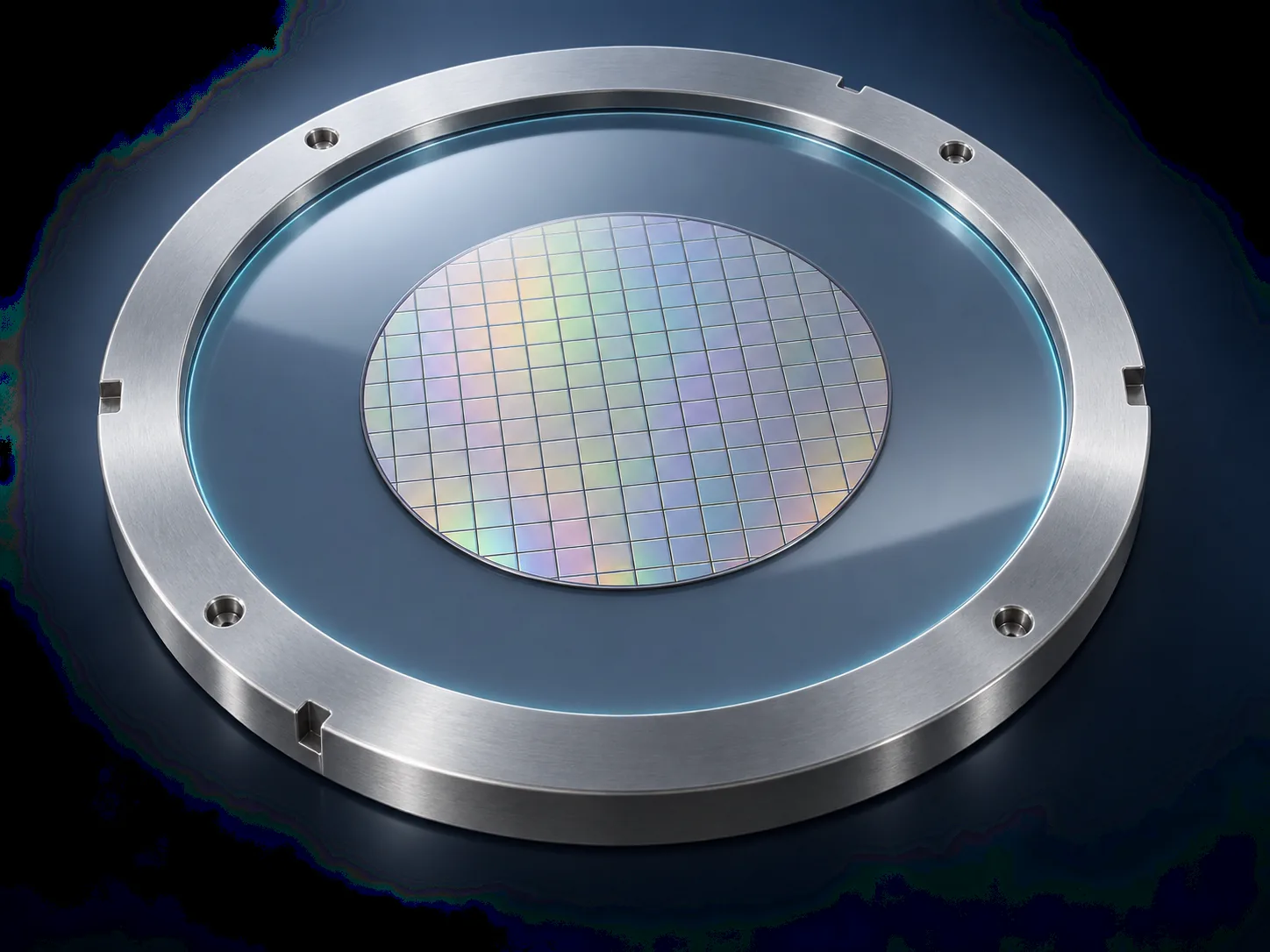 Conceptual image of a circular wafer mounted on a transparent film stretched across a metal ring