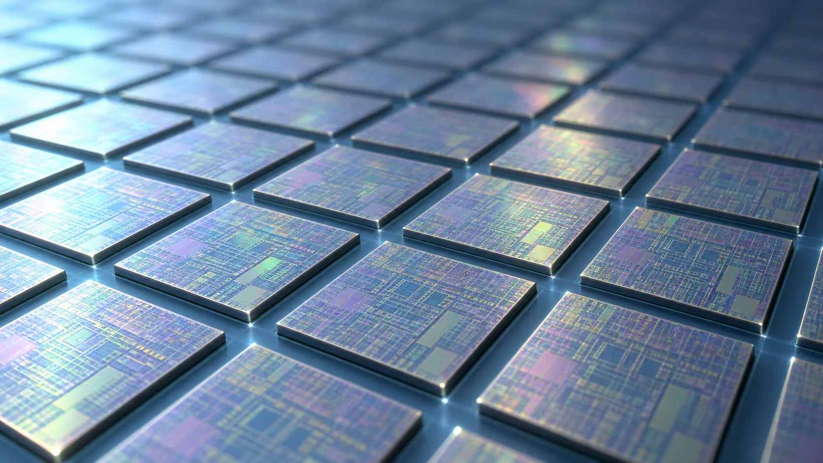 Close-up conceptual image of square dies laid out in neat rows on tape with narrow gaps between them