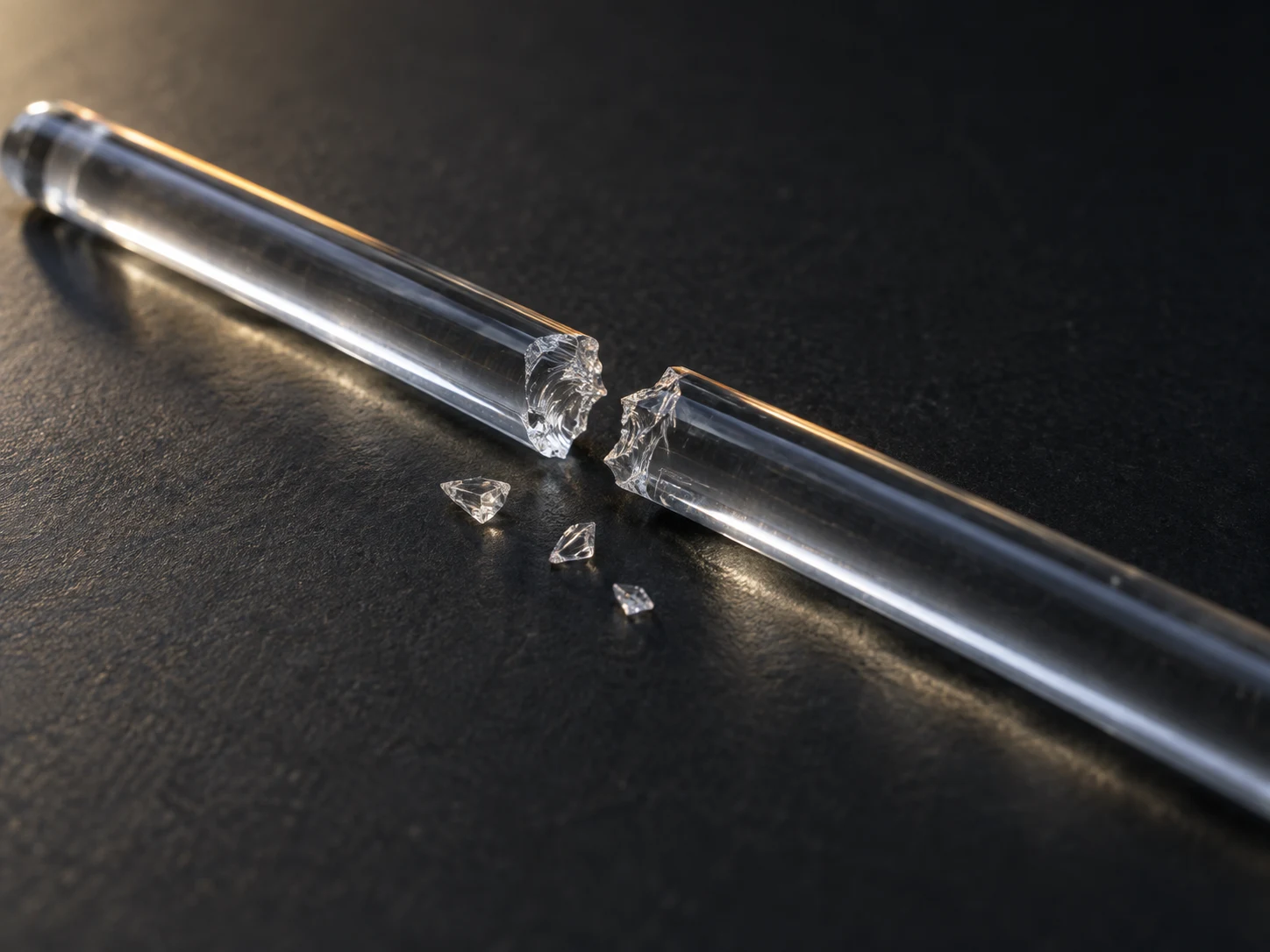 Conceptual image of a thin glass needle lying snapped in two on a dark surface