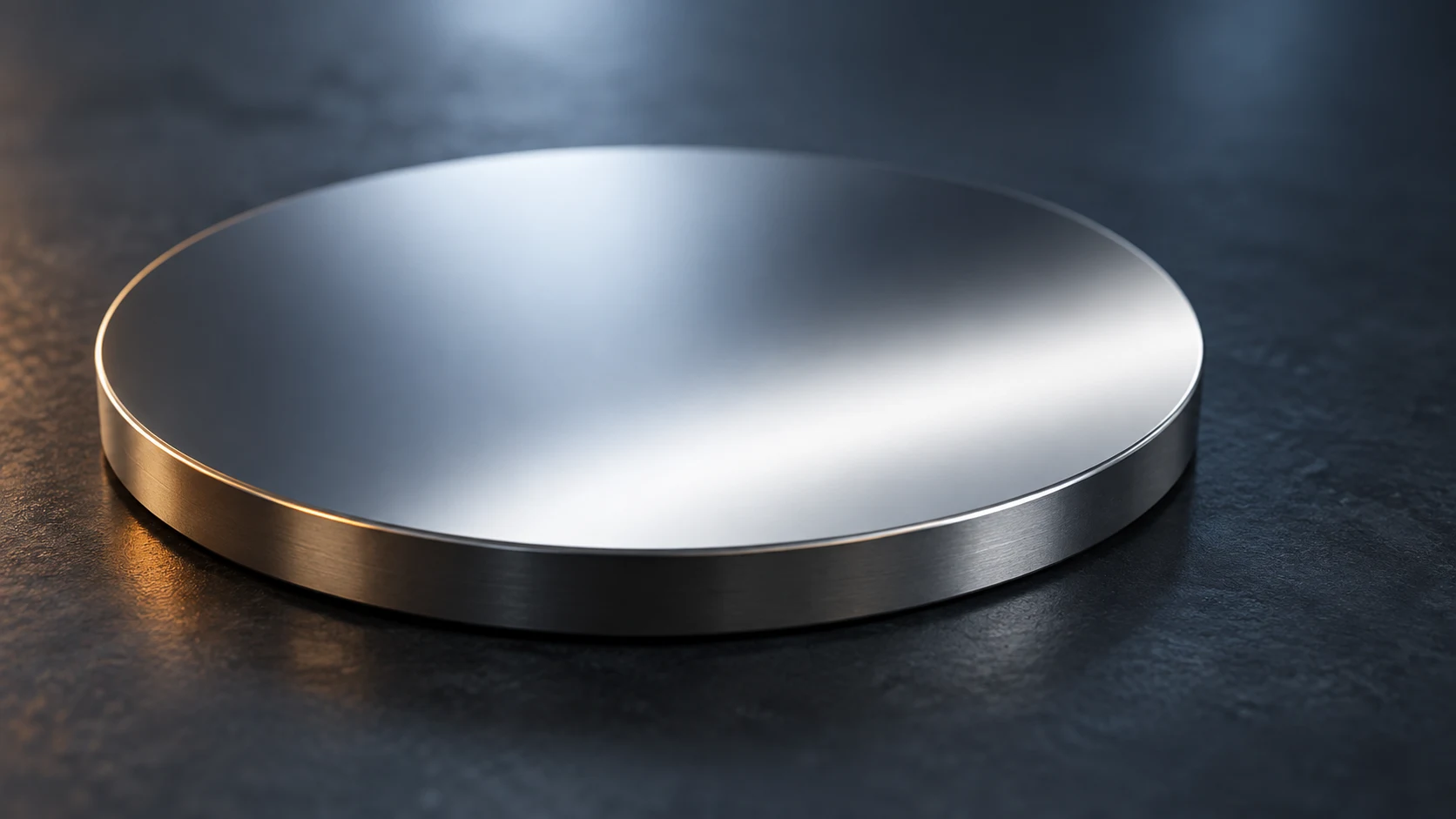 Conceptual image of a mirror-smooth, unblemished metal disc resting on a dark surface