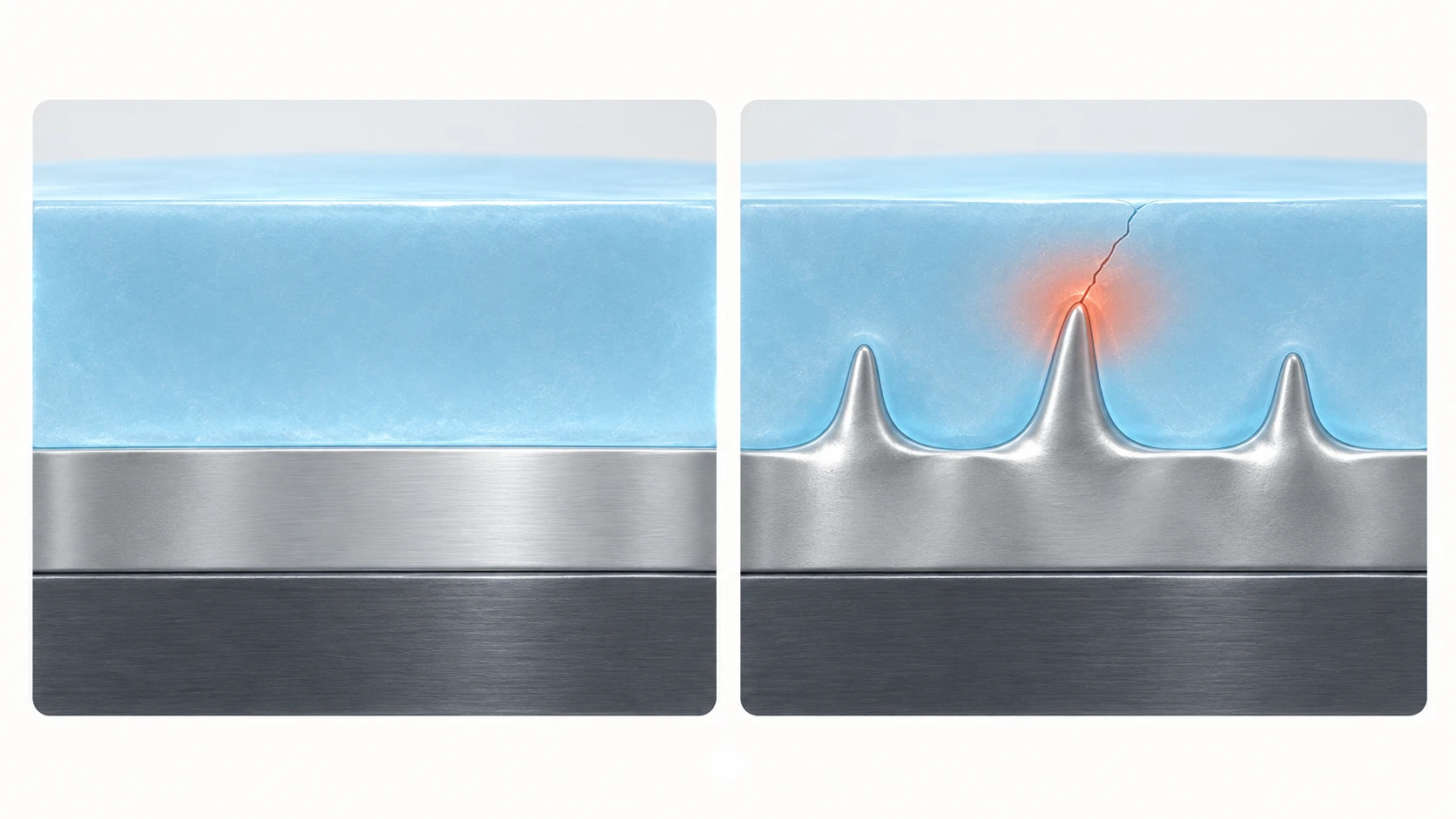 Concept comparison between flat lithium deposition and local protrusions that concentrate stress in a solid electrolyte