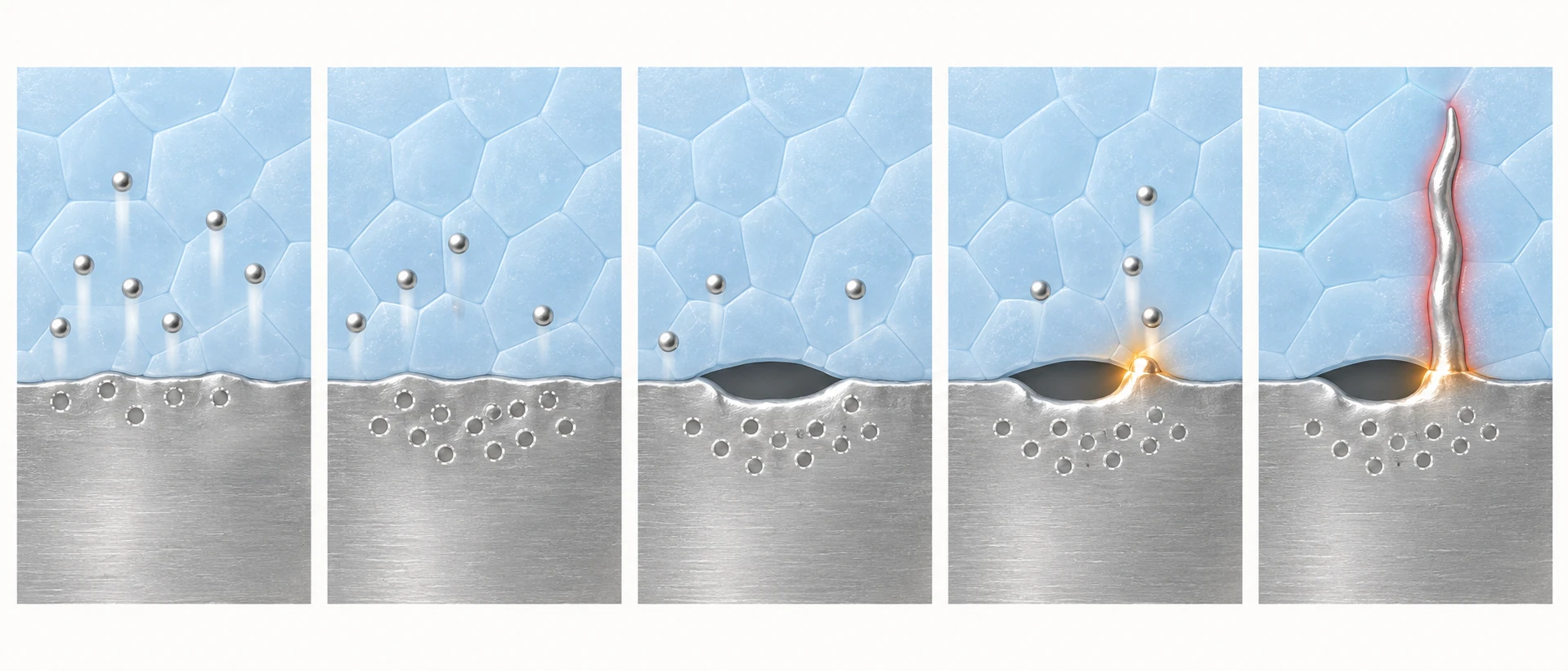 Five-stage concept from lithium dissolution through atomic-vacancy buildup, void formation, current concentration and local plating to penetration and short circuit