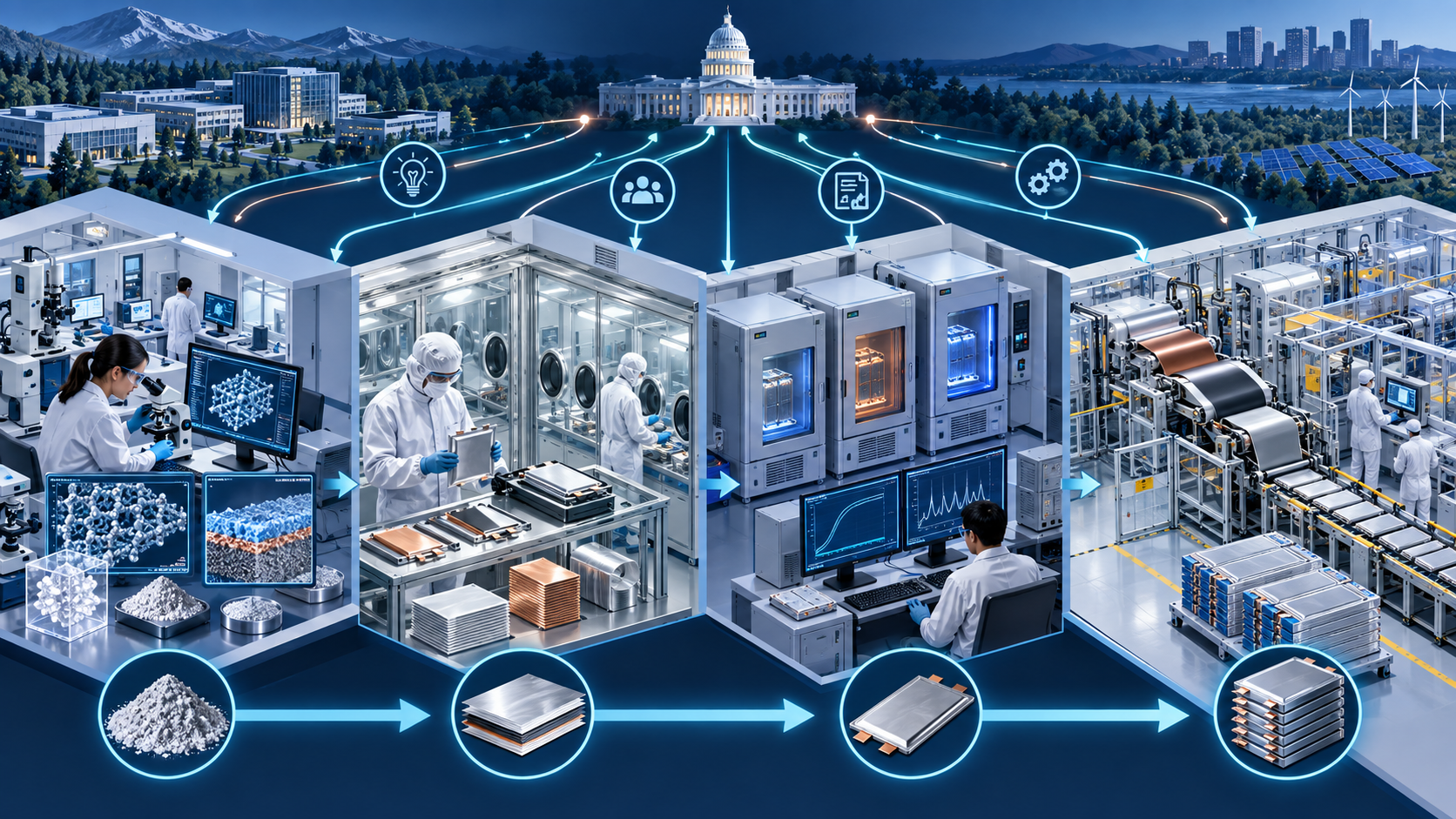 Conceptual illustration of U.S. public support connecting fundamental research with pilot production of solid-state batteries