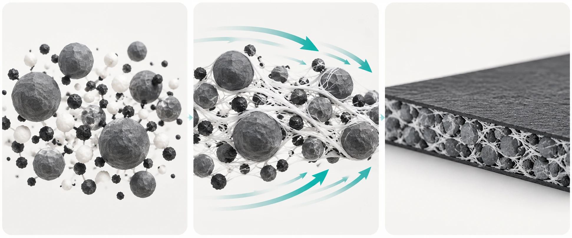 Three-stage concept showing dry powder mixing, PTFE fibrillation under shear, and compaction into an electrode sheet