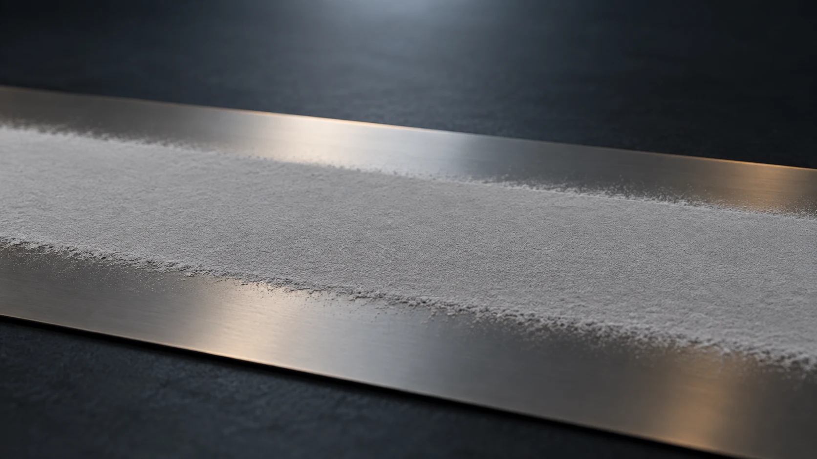 Conceptual image of pale grey dry powder lying thin and even on metal foil spread over a dark surface