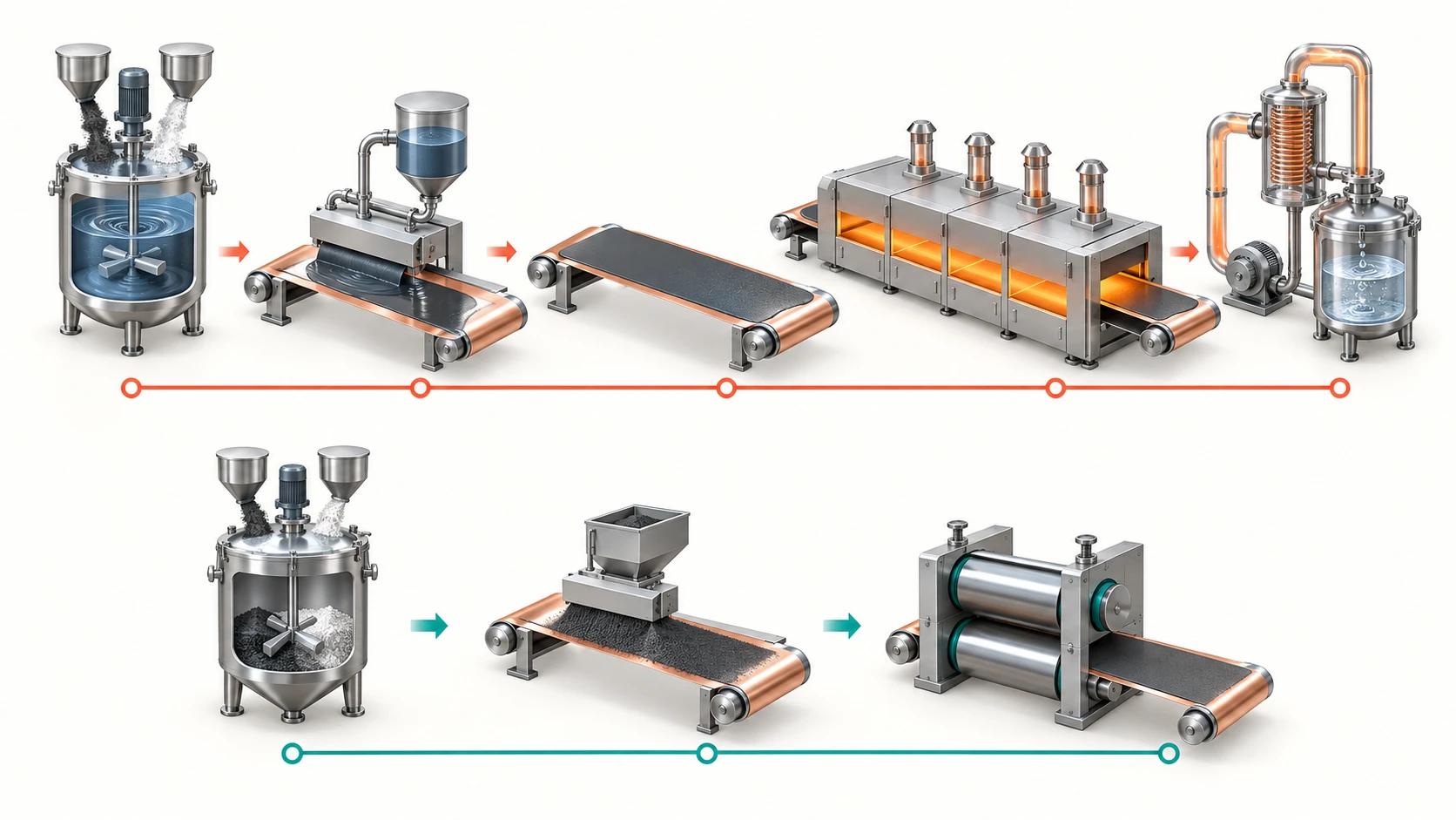 Concept comparison between a five-stage solvent-based wet process and a three-stage solvent-free dry process