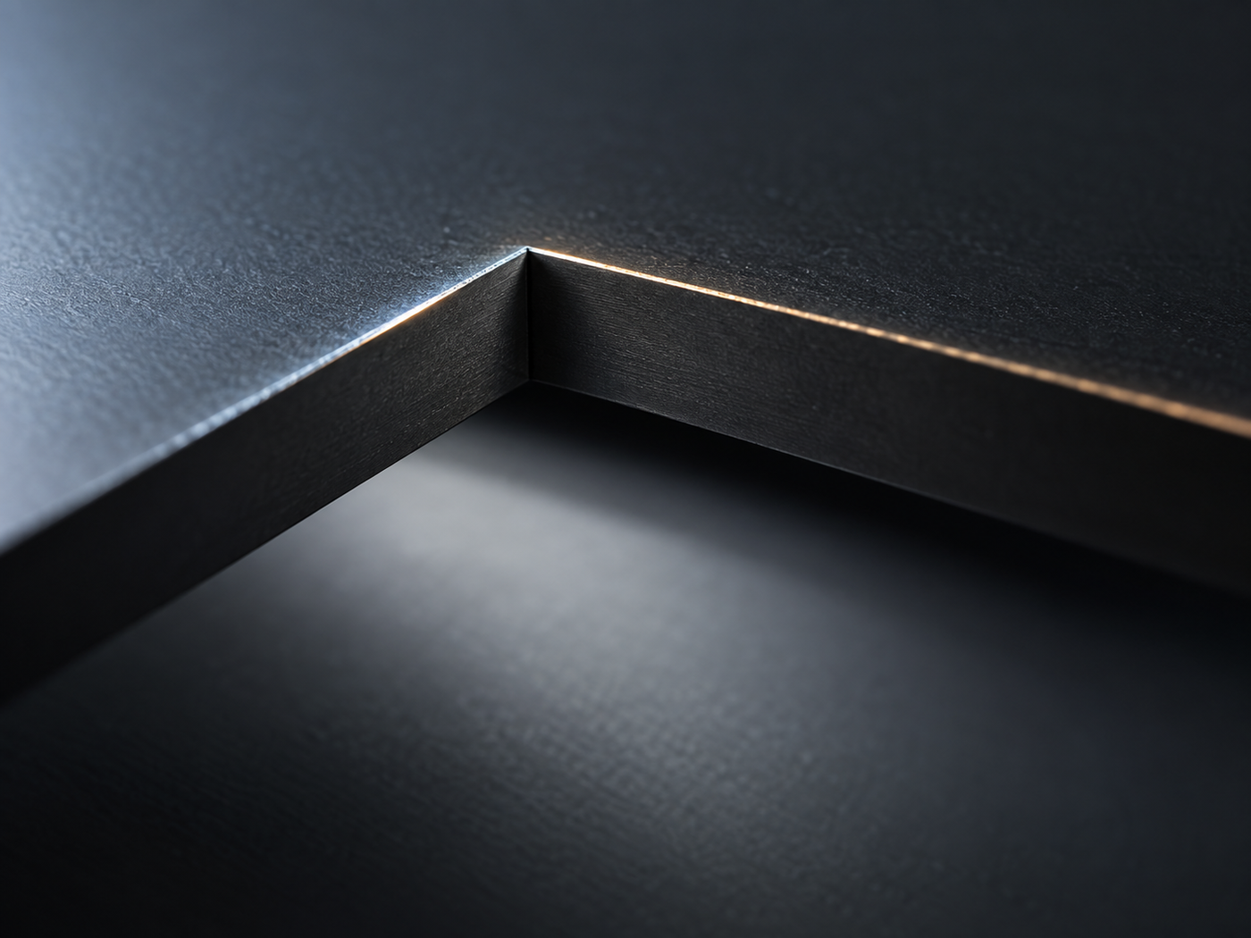 Close-up conceptual image of oblique light illuminating the edge of a small square opening cut in a plain matt black plate, against a dark background