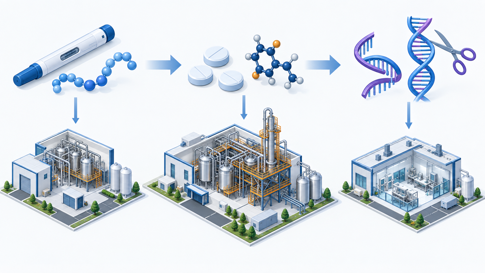 Conceptual diagram: Pharmaceutical companies that expand modalities and factories to peptides, low s, nucleic acids and genetic editing of injections