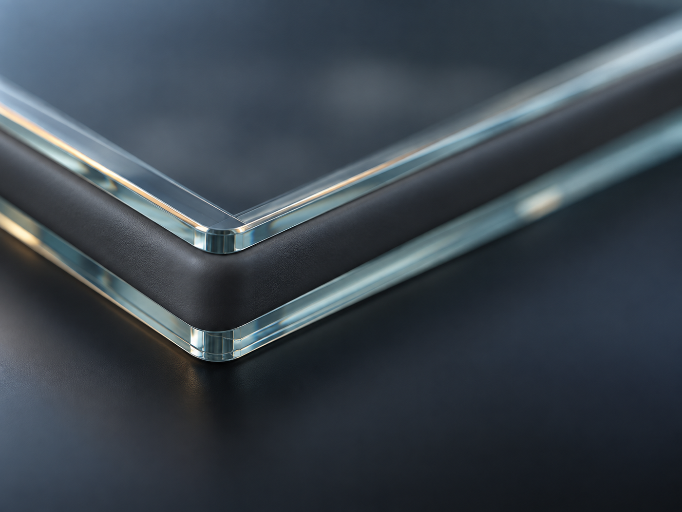 Conceptual image, viewed at an angle against a dark background, of a band of soft-looking dark material running all the way round the edges of two stacked transparent plates