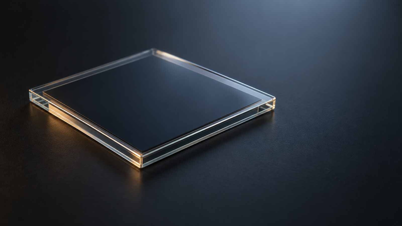 Conceptual image, viewed at an angle against a dark background, of a thin dark layer sandwiched evenly between two transparent plates