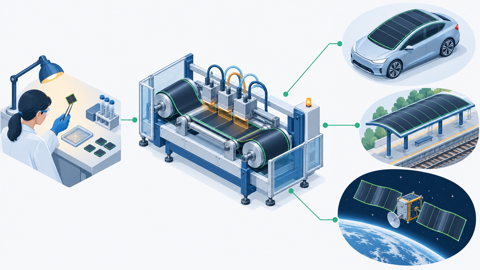 Concept diagram: small laboratory cells scaling up through roll-to-roll film production, with applications spreading to roofs, cars and satellites