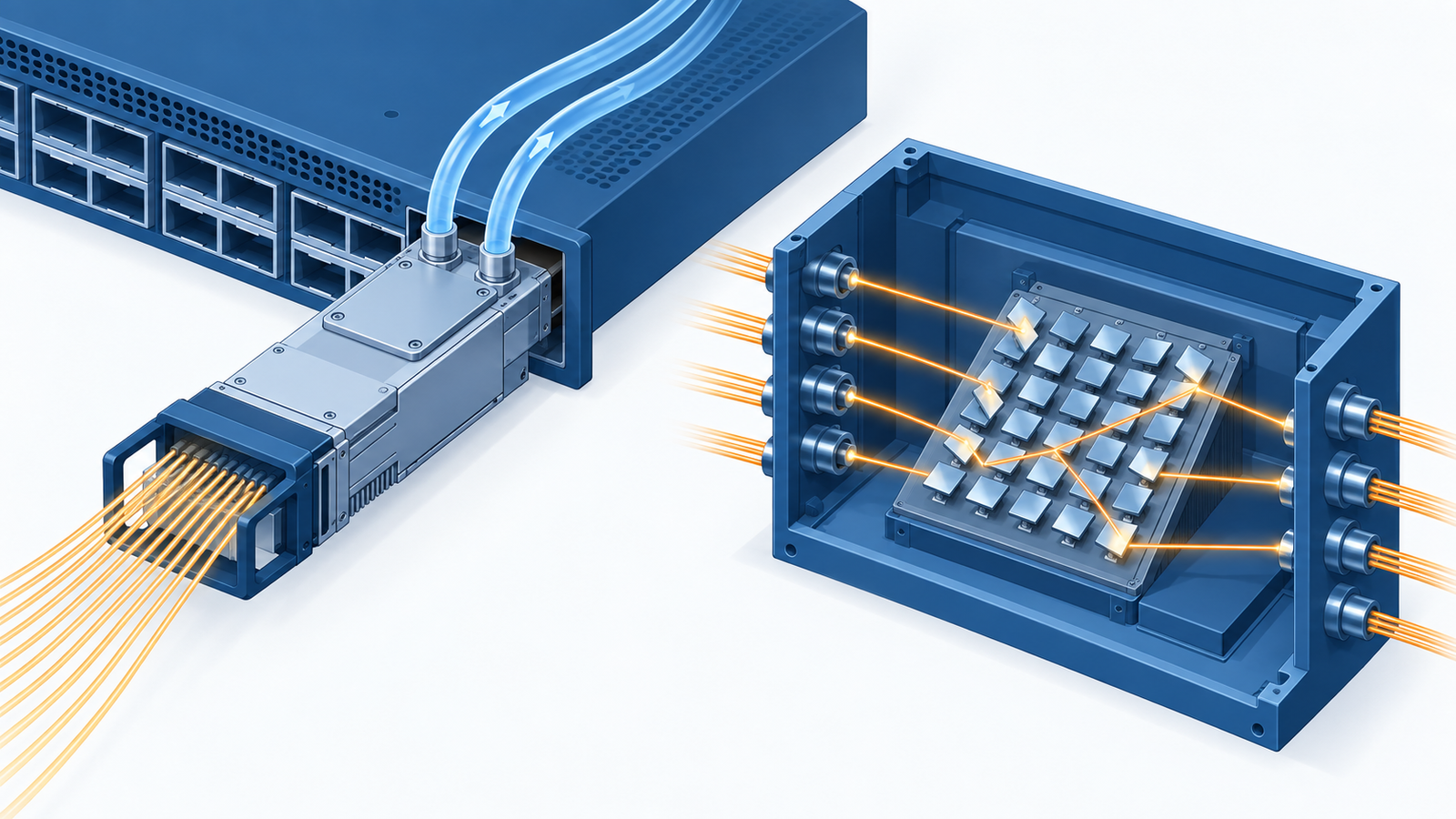 Concept diagram: a large pluggable optical module connected to liquid-cooling lines, and an optical switch that redirects light with tiny mirrors